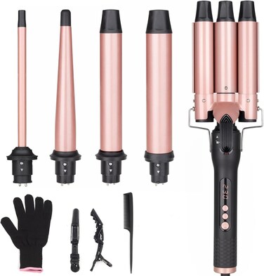 5 in 1 Curling Wand Set, Three Barrel Curling Iron Set with 3 Barrel Curling Iron and 4 Interchangeable Ceramic Curling Wand(0.5&rdquo;-1.25&rdquo;), Fast Heating, Include Glove &amp; 2 Clips