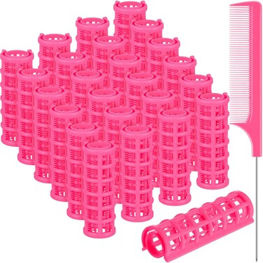 Syhood 24 Pcs Snap Hair Roller, Small Plastic Rollers Curlers with Rat Tail Comb for Long Short Hair Styling Tool(0.59 x 2.28 Inch,Pink)
