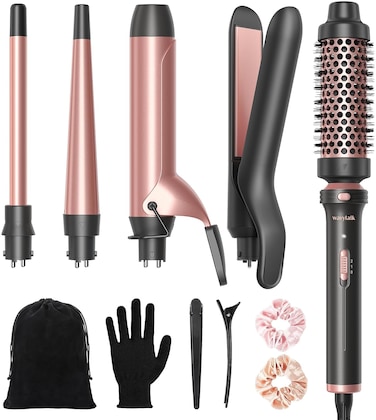 Wavytalk 5 in 1 Curling Iron, Curling Iron Set with Thermal Brush and 4 Interchangeable Ceramic Curling Wand(0.5&rdquo;-1.25&rdquo;),Instant Heat Up Hair Curling Iron, Rose Gold