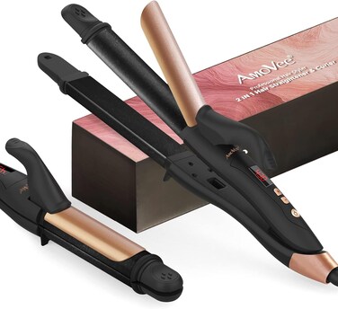 AmoVee Travel Curling Iron, 1.25 Inch Hair Straightener Curling Iron, 2 in 1 Flat Iron Ceramic Tourmaline, Dual Voltage Curling Iron, Adjustable Temp, Rose Gold