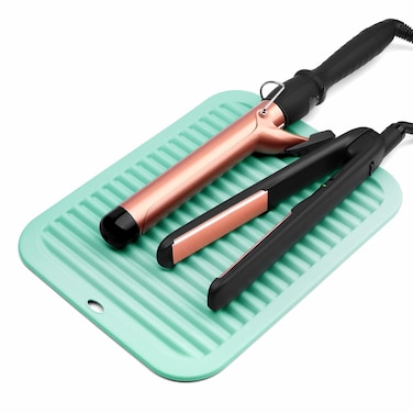 Heat-Resistant Silicone Mat with Velcro for Hair Styling Tools - Curling Iron Holder, Flat Iron Mat, Hair Dryer Mat, and Vanity Makeup Accessory (Green)