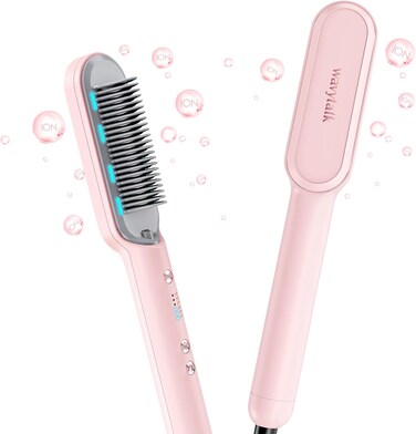 Wavytalk Hair Straightener Brush, Sleek Sweep Ionic Straightening Brush with 6 Temperature Adjust, Anti-Scald Ceramic Straightening Comb Fast Heating for Home Salon, Dual Voltage Pink.