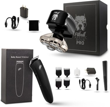 Skull Shaver Pitbull Gold PRO Electric Razor &amp; Baby Beast Trimmer for Men - Best Bald Head Shaver and Beard Trimmer, Gift for Men