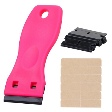 WENNALIFE Tape Remover Scraper Tool Plastic Razor Blade Scraper with 10 Replacement Blades &amp; 6 Tape Tabs Hot Pink Plastic Scraper Tool Non Scratch Tape in Extensions tool Adhesive Remover for Cleaning