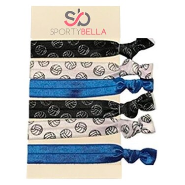 SportyBella Volleyball Hair Ties (Blue)- Girls Volleyball Hair Accessories. No Crease Girls Hair Elastics with Volleyball Design. Girls Elastic Hair Ties, Hair Ties For Volleyball Games, 6pcs.