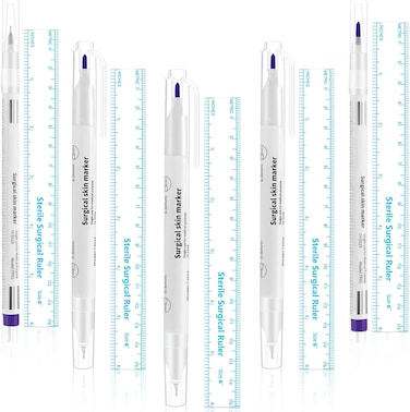 Zonon 5 Pieces Tattoo Tip Markers Skin Marker Pen Tattoo Pen in 0.5 mm and 1 mm with Paper Ruler for Skin, Eyebrow, Lips (2 Single Head, 3 Double Heads)