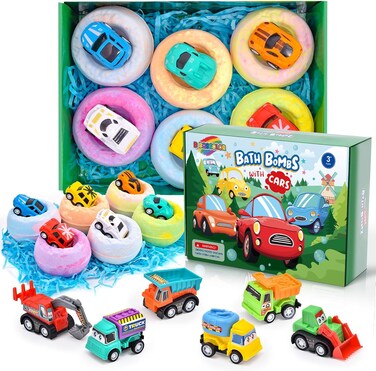 6 Pack Natural Bath Bombs for Kids Pull-Back Cars Organic Rich Foam Color Bubble Set Boys Girls Surprise Toys Christmas Gift for Toddlers