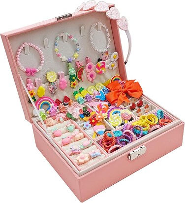 Jewelry Box with Hair Accessories for Girls, Hair Clips/Barrettes/Hair Ties/Bows/Toy Rings/Bracelets/Earrings/Hair Ropes/Hair Elastics, Gift Toys for Teen, Girls aged 4 5 6 7 8-12
