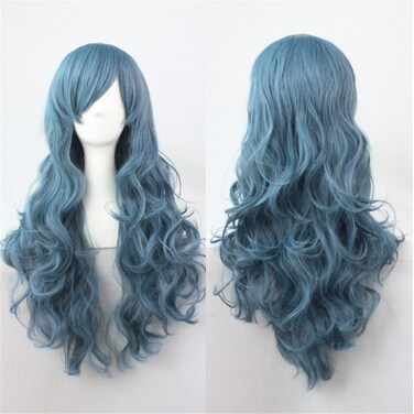 Womens Medium Long Wavy Synthetic Wig Anime Cosplay Halloween Costume Party Wig (Smoky Blue)