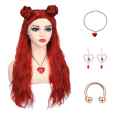 Women Long Curly Red Buns Wig with Red Heart Necklace and Earrings and Nose Stud for Princess Red Halloween Costume Party Cosplay