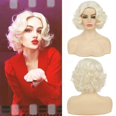 Blonde Curly Short Finger Wave Wigs for Lady with Bangs Synthetic Hair Natural Cosplay Halloween Costume Women Wigs