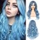 Blue Wig for Women Long Curly Wavy Pastel Blue Wig Side Part Synthetic Halloween Cosplay Wig with Wig Cap