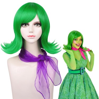 Aicos Green Wavy Cosplay Wig Short Green Flip Out Hair with Purple Scarf for Women Costume Halloween Dress Up Party Anime Cartoon Christmas+Wig Cap