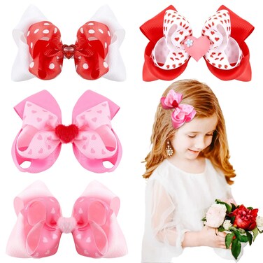 Valentine Hair Bow Large Red Clips with Pink Love Ribbon,Valentine's Day Bows for Girls Double Layer Heart Hair Clip Bow Bowknot Headwear Hairpin Alligator Clips for Women Girls