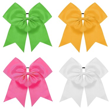 4pcs 8" Large Cheer Bows for Cheerleading Cheerleader Bows Elastics Hair Ties Bands Grosgrain Ribbon Ponytail Holder Team Baseball Softball Tennis White Pink Yellow Green