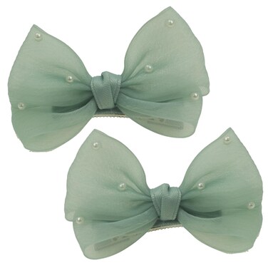 Nihao Baby Pearl Light Green Bow Hair Clips for Little Girl - 2Pcs