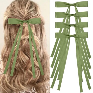 Green Hair Bows for Women,4 PCS Large Bow Hair Clips Tassel Ribbon Bowknot With Long Tail,Ribbon Hair Bows Barrettes for Thick Thin Hair,Nonslip Hair Accessories Christmas Birthday Gifts