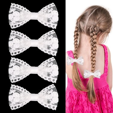 4pcs White Hair Bow for Girls 3in Cute Hair Clips for Baby Christmas White Bow Hairpins for Toddler Lace Bows for Hair Clips Flower Girls Wedding Birthday Party Dress Decor