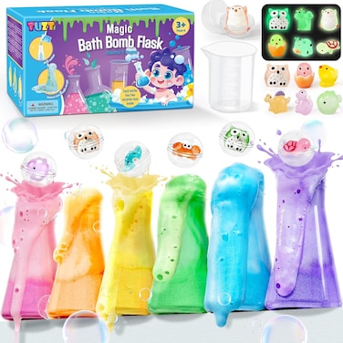 Kids Bath Bombs Potions Kit with 12PCS Surprise Toys Inside &amp; 6PCS Bubble Bath Bottles for Toddlers, Glow-in-The-Dark Toys, Perfect Birthday Christmas Bath Toy Gift for Toddlers Kids Boys Girls