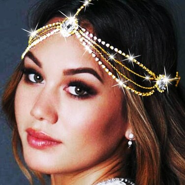 Gothic Hair Jewelry Bride Wedding Head Chain Crystal Layering Rhinestones Festival Accessories for Women (Bridal-Gold)
