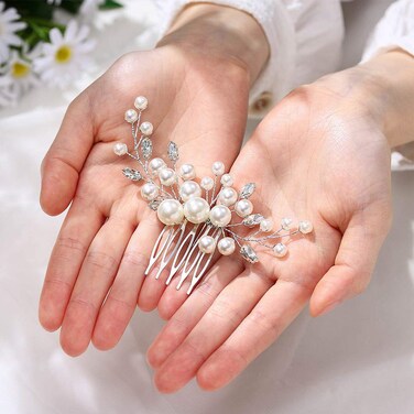 Unicra Bride Pearl Wedding Hair Comb Silver Bridal Side Comb Crystal Hair Accessorie for Women and Girls (Silver)
