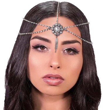 Bridal Head Chain Rhinestone Hair Chain Flower Tassel Head Chains Silver Headpieces for Women