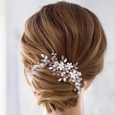 Unicra Bride Flower Wedding Hair Comb Crystal Bridal Silver Side Comb Pearl Hair Accessorie for Women and Girls (A-Silver)