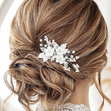 Casdre Flower Bride Wedding Hair Accessories Silver Leaf Bridal Hair Comb Side Comb Crystal Rhinestone Hair Piece for Women and Girls