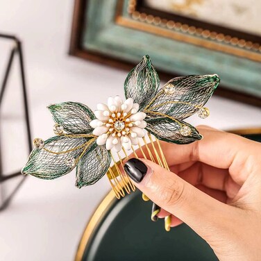 Casdre Flower Bride Wedding Hair Comb Gold Leaf Bridal Side Comb Hair Piece Party Prom Crystal Hair Accessories for Women and Girls (A Green)