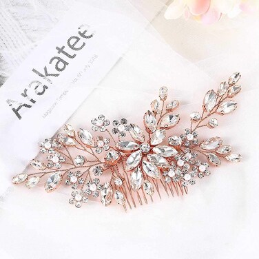 Catery Crystal Bridal Hair Comb Rose Gold Rhinestones Hairpiece Flower Wedding Clips Accessoires for Brides and Women(Rose Gold)