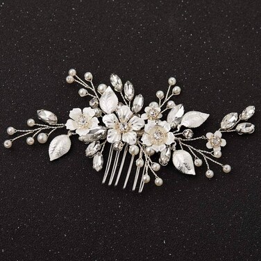 SWEETV Silver Bridal Hair Comb for Wedding Hair Accessories, Handmade with Crystals, Pearls, and Leaves, 4.72 x 2.75 inches, for Brides, Women