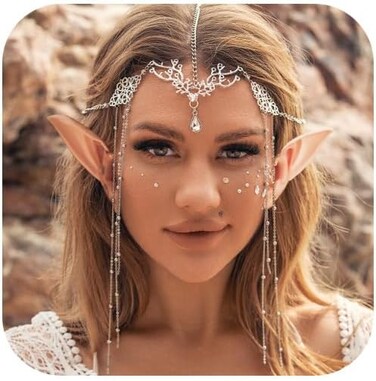 Jovono Boho Head Chain with Fairy Elf Ears Silver Hair Chain Elf Headpieces Fairy Hair Accessories for Women