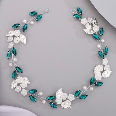 Flower Leaf Crystal Wedding Hair Vine for Bride Bridesmaid Pearls Beads Crystal Hair Accessories for Women and Girls Peacock Blue