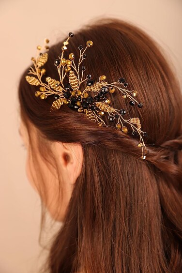 Hair Comb, Black Crystal Gold Beads Wedding Hair Piece, Elegant Hair Accessory for Brides Bridesmaid, Handmade Item, Boho Style, Delicate Jewelry for Women, Size 19*9cm, 26g