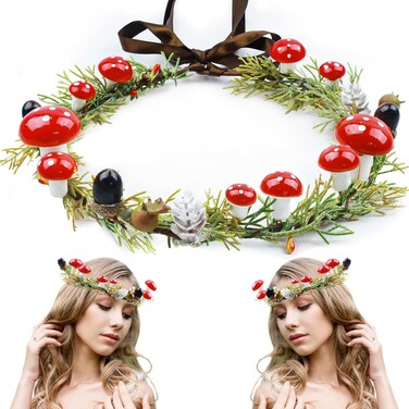 MEMOVAN Handmade Mushroom Crown Headband Woodland Headpiece Christmas Hair Wreath with Pine Berries Fairy Flower Floral Halo Headband Winter Holiday Tiara for Women Girl Holiday Decoration