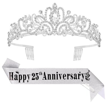 YARIEW 25th Anniversary Decorations, Silver Crown and Happy 25th Anniversary Sash Set, Tiara Crown Sash for 25th Wedding Anniversary Decorations Gifts for Women