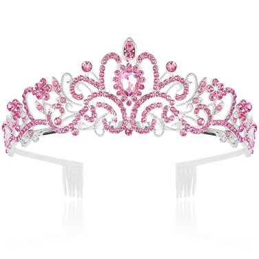 CURASA Pink Crystal Tiara Cute Crowns for Women Princess Crown Birthday Crown for Girls Wedding Headband Cute Kids Hair Accessories for Prom Costume Christmas