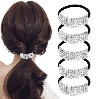 5Pcs Chic Rhinestone Hair Bands Elastic Crystal Hair Ties Hairband Women Ponytail Holders Scrunchies Hair Accessories Silver