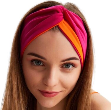 Headbands for Women Twist Knotted Women Head Bands Stretchy Sport Hair Bands Non Slip for Girls Criss Cross Turban Plain Headwrap Yoga Workout Running Hair Accessories (1,Orange&amp;Fuschia Pink)