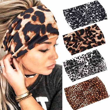 GORTIN Boho Headbands Black Yoga Leopard Hair Bands Stretch Wide Head Bands Twist Turban Knot Sweatbands Elastic Hair Wraps for Women and Girls Pack of 4
