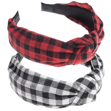 VIVIAN &amp; VINCENT 2 Pack of Womens Vintage Plaid Headbands Headwraps Hair Band Valentines Gifts for Her Buffalo Plaid Black and Red