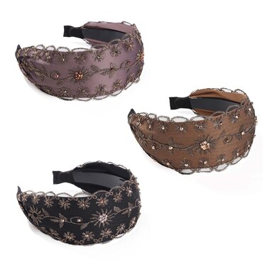 Leadigol 3 Pcs Lace Wide Floral Pearl Embroidery Headbands for Women, Crystal Korean Trendy Simple Flower Headwear
