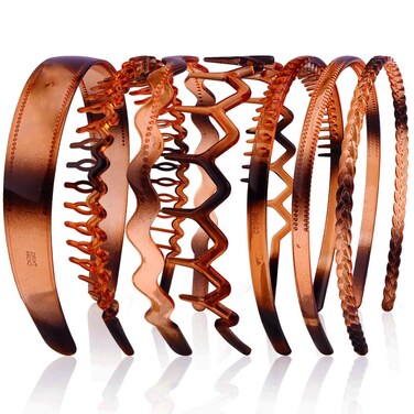 AHONEY 7 Pack Brown Headbands for Women Mens Plastic Headbands with Teeth Non Slip Hairbands for Women's Hair Accessories Comb Headband Diademas Para Mujer (Amber)