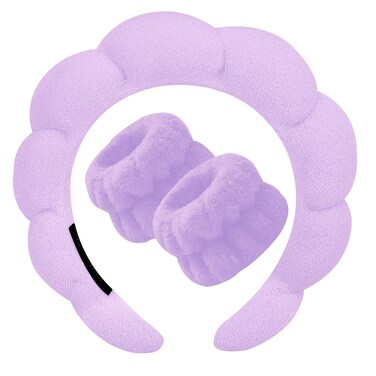 Beleki Spa Headband for Washing and Wristband Set Sponge Headband Women Face Wash Makeup Skincare Non Slip Puffy Headwear Thick Hair Accessories for Women Girls, Purple
