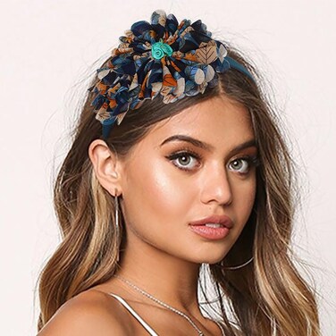 Urieo Boho Flower Headband Blue Printed Hair Band Floral Hair Hoops Wide Hair Accessories for Women
