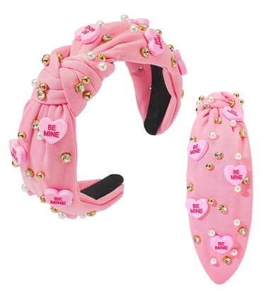 Valentine&rsquo;s Day Headband for Women Love Message Heart Headband Jeweled Crystal Pearl Knotted Headband Red Pink Wide Top Knot Headband Valentine&rsquo;s Day Hair Accessories Gifts (Pink-BE MINE)