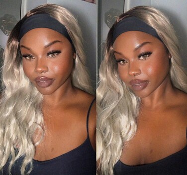 vedar Headband Wig for Women, Ombre Brown Blonde Wigs with Brown Roots, Loose Curly Headband Wig, Synthetic Hair Glueless Wig, Aesthetic Hair Wig with 3 Free Headbands Best Wig 20 inch VEDAR-153