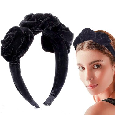 Elegant Headband Flower Headbands Velvet Hair Bands Rose Flower Hairband for Women and Girls (black)