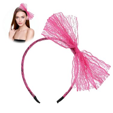 Neon Headband with Bow, Pink Lace Headband Elastic 80s Headband with Lace Retro Pink Bow Headband 80s Hair Accessories for 80s Clothing Theme Party