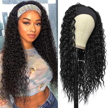 G&amp;T Wig Headband Wigs for Black Women Wet and Wavy Headband Wig Curly Wave Synthetic Wigs Glueless Heat Resistant Long Wigs for Daily Party Use (24 inches)